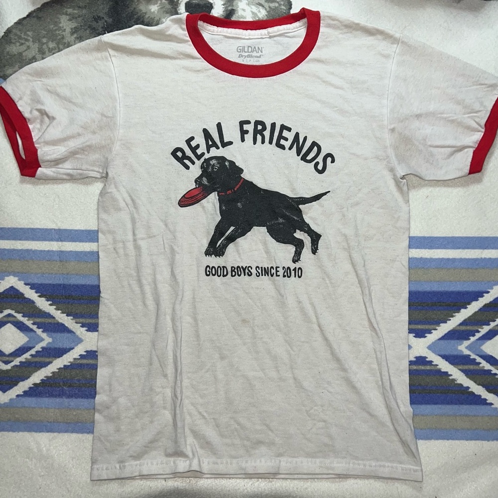 Real Friends “Good Boys Since 2010” Dog Graphic Ringer Short Sleeve Band T Shirt